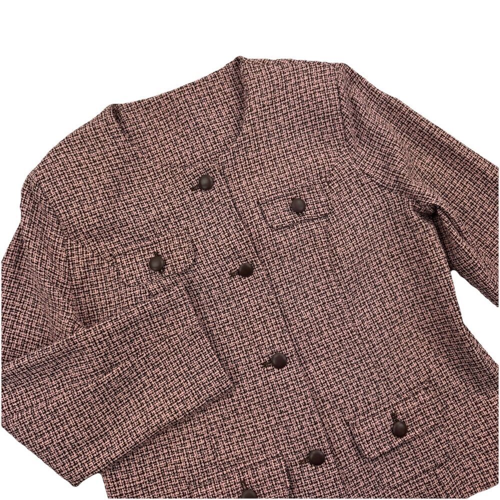Nikki Womens 16 Pink Brown Tweed Jacket Blazer Cropped Button Front Pockets NWT
